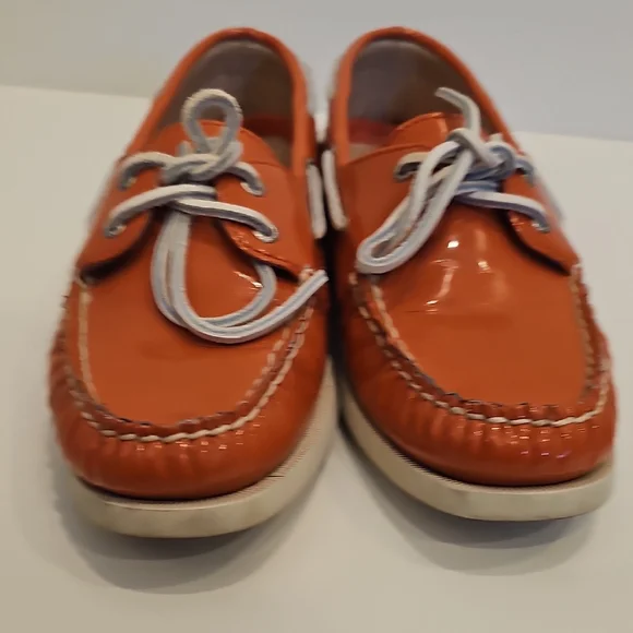 Sperry Orange Coral Patent Leather Top Sider Loafers with White Laces Size 7 1/2 - Picture 7 of 9